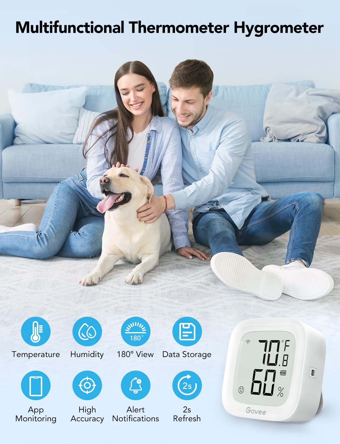Govee WiFi Thermometer Hygrometer H5103 with Electronic Ink Display | Temp and humidity monitor with alert, 2.4G WiFi & Bluetooth, 2-yr data export. For bedroom, wine cellar, basement
