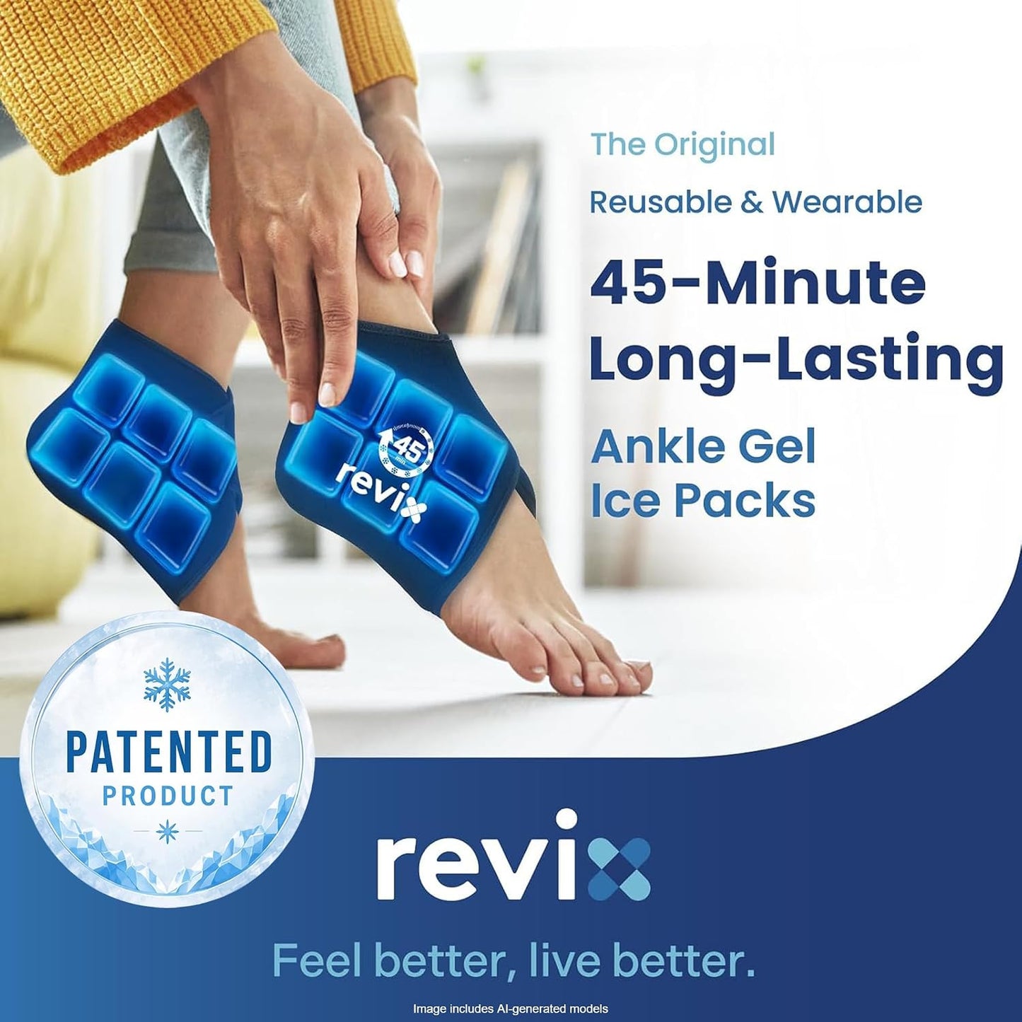 REVIX Ankle Ice Pack Wraps for Plantar Fasciitis Relief, 45-Min Coldness | Gel Cold Compress Wrap for Feet Pain Relief, Reusable Ice Pack for Foot with Ice Grid Design for Achilles Tendonitis, 2 Packs