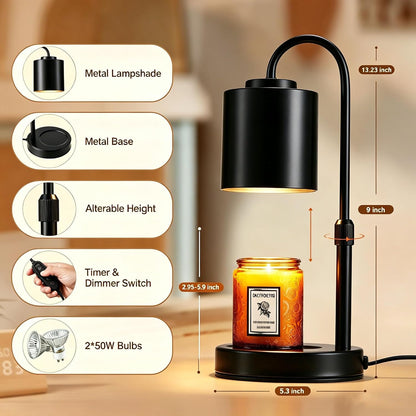 CASTLELIFE Dimmable Candle Warmer Lamp with Timer, Height Adjustable Candle Warmer for Jar Candles, Electric Wax Melt Warmer for Home Decor House Warming Gifts, Birthday Gifts for Women, Black Clear