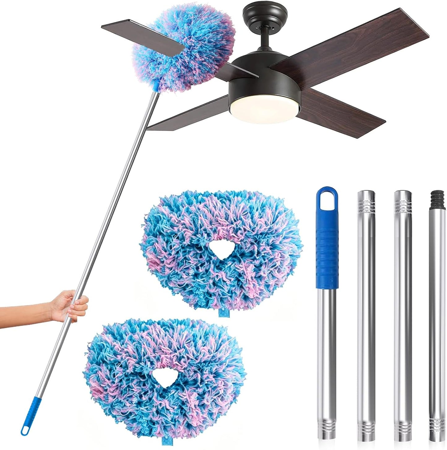 DRQ Ceiling Fan Cleaner Duster with 13-48 in Extension Pole, Blue | Detachable, Washable Microfiber Brush Head Is Reusable for Ceiling Fan Blades, Walls, Bookshelves, Door Tops and Window Tops