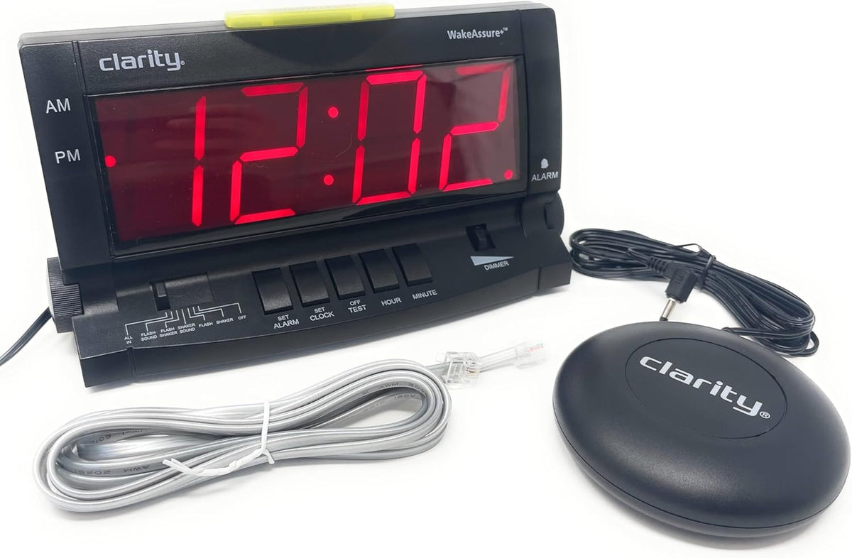 Clarity Wake Assure+ Desktop Alarm Clock with Vibrating Bed Shaker for Heavy Sleepers, Deaf, Hard of Hearing | Adjustable Volume from Silent to Extra Loud | Digital Bedroom Clock with Large Display