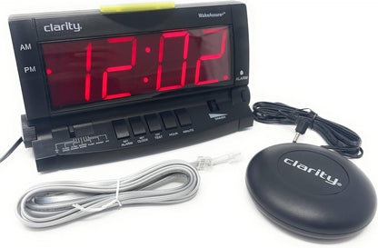 Clarity Wake Assure+ Desktop Alarm Clock with Vibrating Bed Shaker for Heavy Sleepers, Deaf, Hard of Hearing | Adjustable Volume from Silent to Extra Loud | Digital Bedroom Clock with Large Display