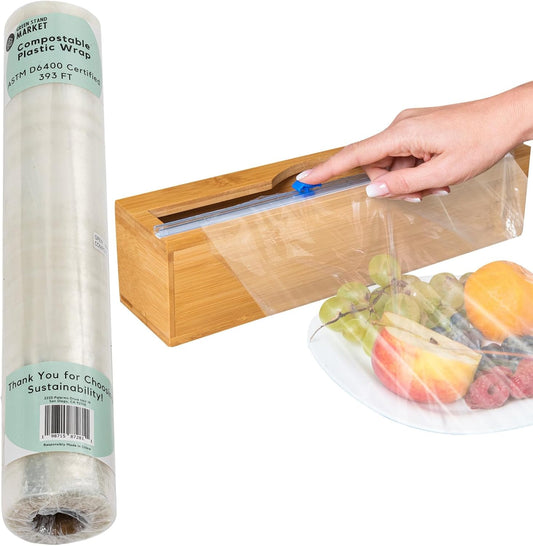 Compostable Plastic Wrap for Food with Dispenser & Cutter – 400 Sq Ft Roll, ASTM D6400 Certified