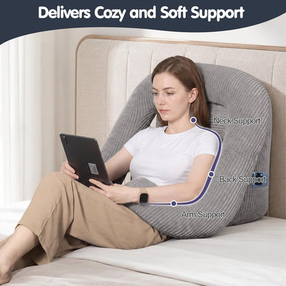 Reading Pillow for Bed, Backrest Pillow with Arms for Adult | Bed Pillow for Sitting Up, Back Support Pillows for Sleeping, Reading and Gaming with Shredded Memory Foam, Gray