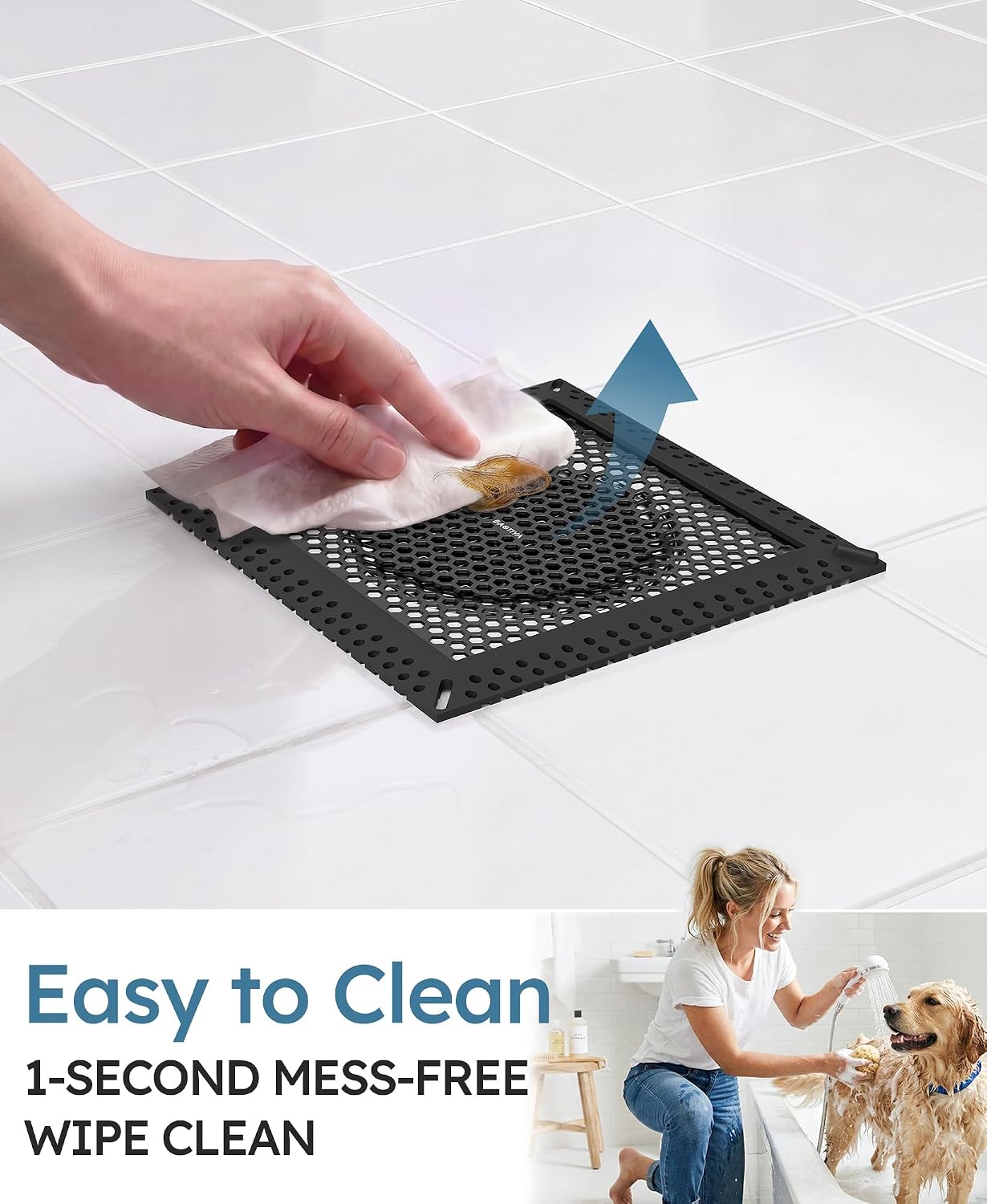 Square Shower Drain Hair Catcher, Anti-Clogging, Gray, 4 inch | Fast Drainage, Anti-Slip & Stays in Place, Stainless Steel & TPE Material, Easy Clean Fits Bathroom Hair Catcher for Shower