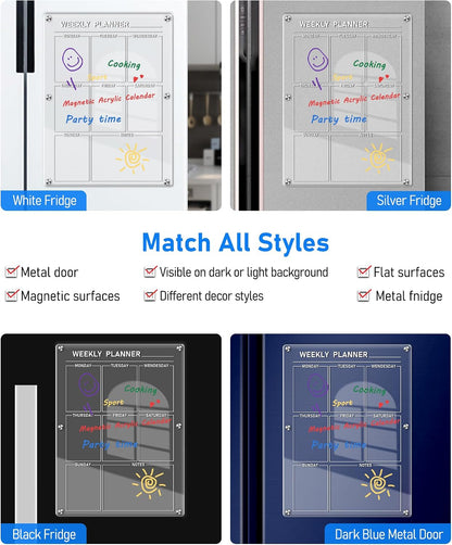 Weekly Acrylic Magnetic Calendar Dry Erase Board for Fridge, 12x16 in | Clear Weekly Planner Whiteboard for Refrigerator, Durable Material, Powerful Magnets, Smooth Writing and Easy Cleaning