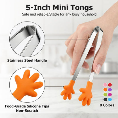 Mini Tongs, 8 PCS Silicone Hand Shape Food Tongs, 5 Inch | Colourful Small Tongs for Toolfor Candy, Snacks, Chips, Cookies, Appetizers, Fruit, Ice Cubes, Party, Buffet & Dessert Table
