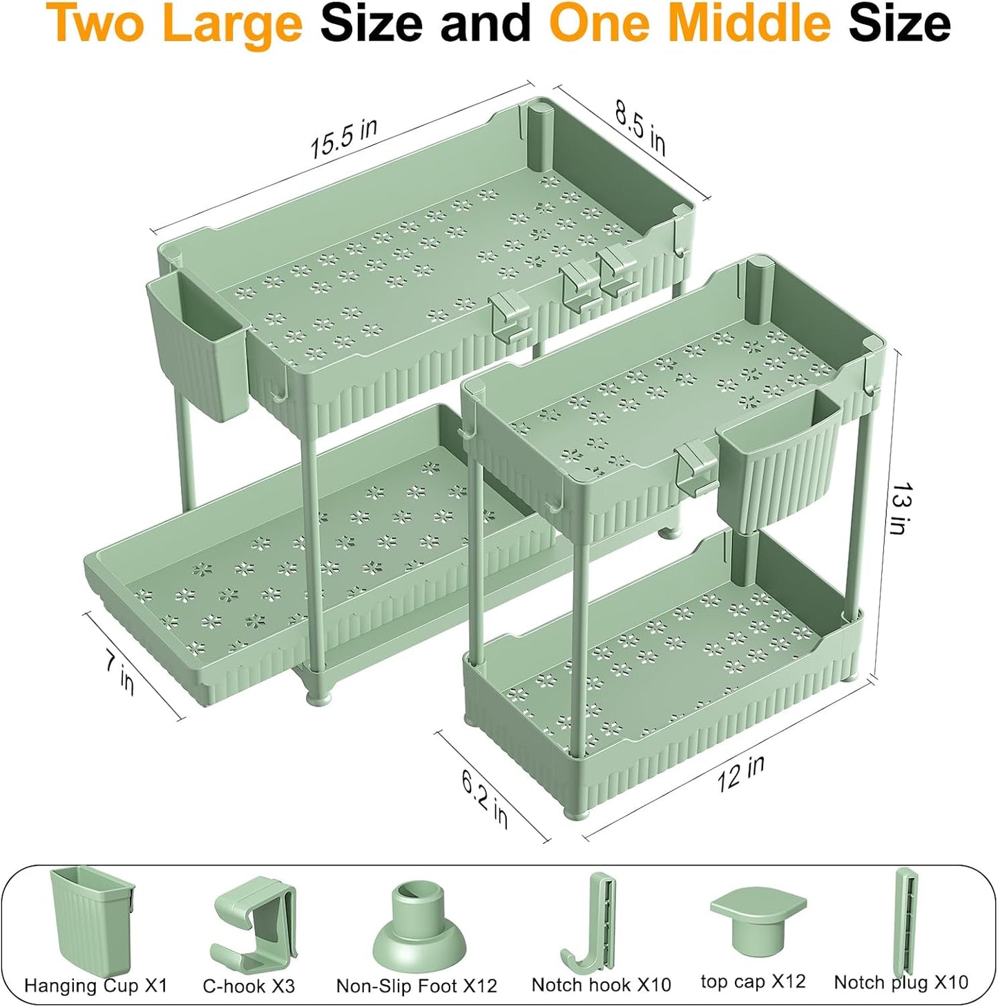 3-Pack 2-Tier Under Sink Organizers with Sliding Drawers | Multi-use kitchen & bathroom storage, 12.8 inch black cabinet organizer, space-saving sliding drawer design.