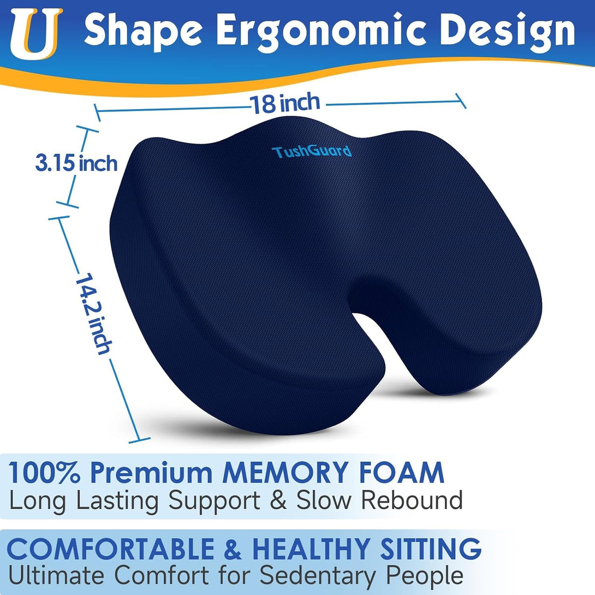 TushGuard Seat Cushion for Office Chair, Car, Memory Foam, Black Large