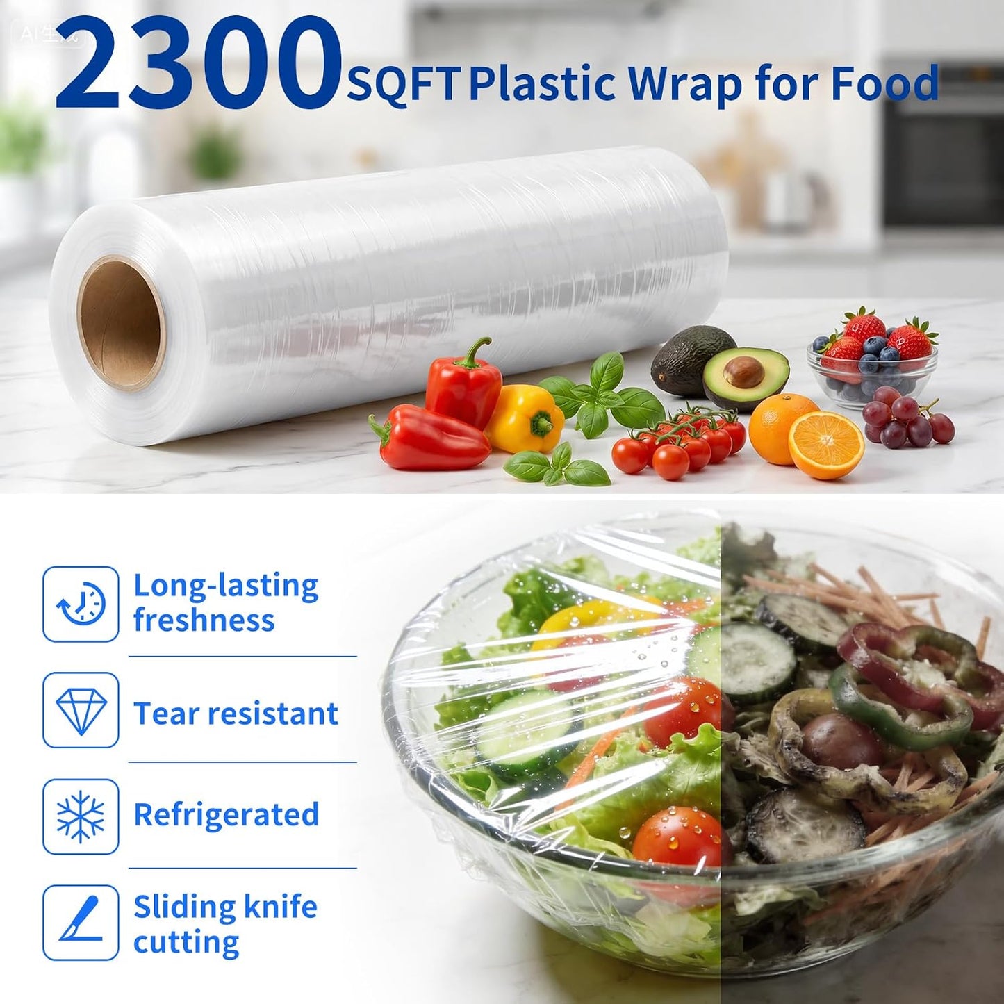 12" x 2300 SqFt Plastic Wrap with Slide Cutter, Cling Wrap for Kitchen | Commercial Size Extra-Long Roll with Built-in Roller, Heavy Duty Plastic Food Wrap for Home or Restaurant BPA Free