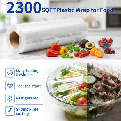 12" x 2300 SqFt Plastic Wrap with Slide Cutter, Cling Wrap for Kitchen | Commercial Size Extra-Long Roll with Built-in Roller, Heavy Duty Plastic Food Wrap for Home or Restaurant BPA Free