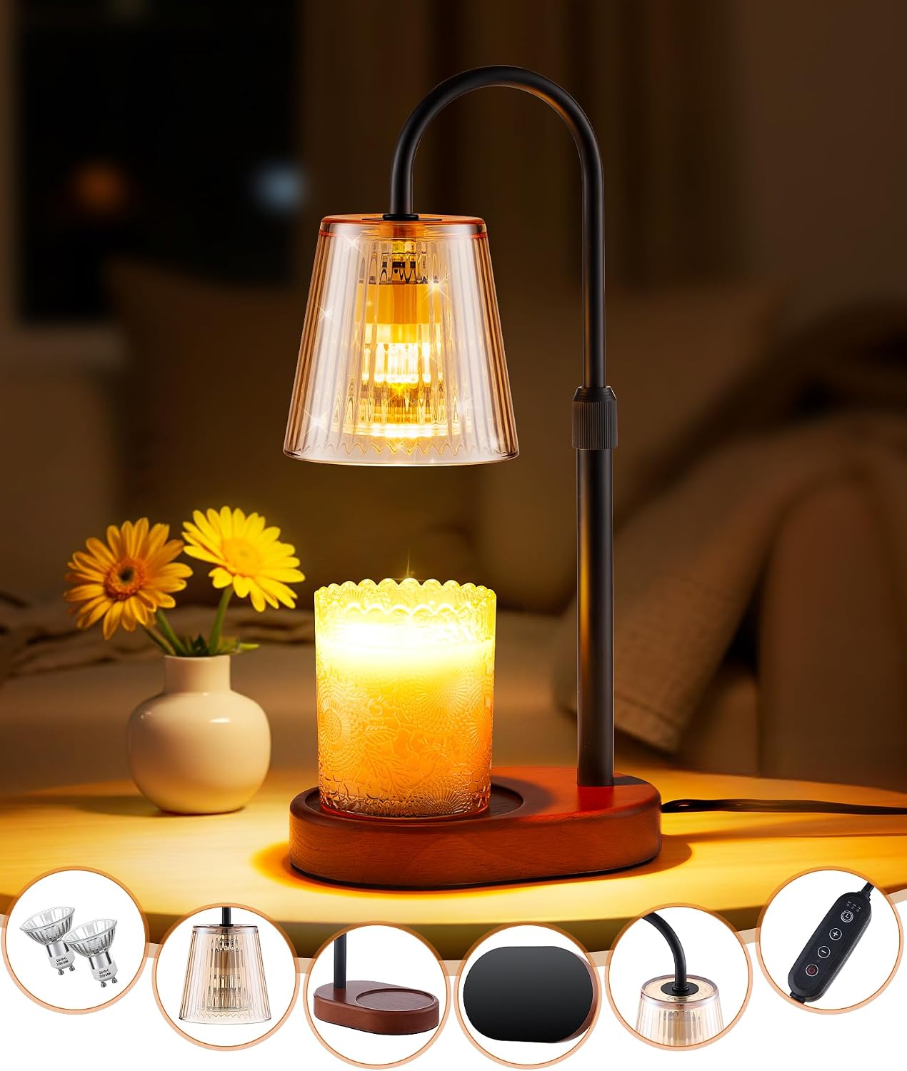 Adjustable Candle Warmer Lamp with Timer - Electric Light Wax Warming | Dimmable, Flameless, Top Melter Heater Melting Heating Height Small Jar Candles Gifts Women Mom Birthday Desk Modern Decor