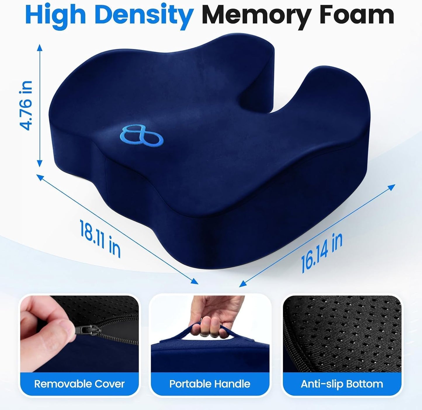 Seat Cushion, Non-Slip Memory Foam Chair Cushion for Taibone, Black/Large | Chair Pillow with Handles for Car Office Chair, Tailbone/Sciatica Easing& Post-Surgery Recovery Chair Cushion