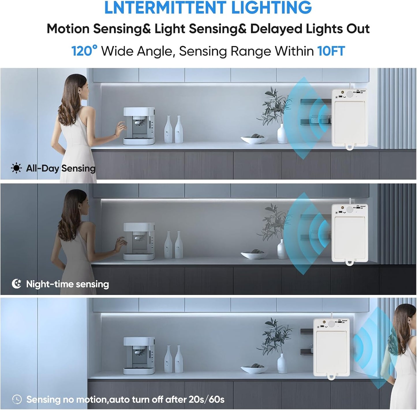OMIKA Dual Sensor Stair Lights Indoor, Rechargeable 16.4ft LED Strip Light, 150 LEDs Double Motion Activated Under Bed Night Lights for Shelves, Stairway, Closet, Corridor, Bedroom, 6000K Cool White