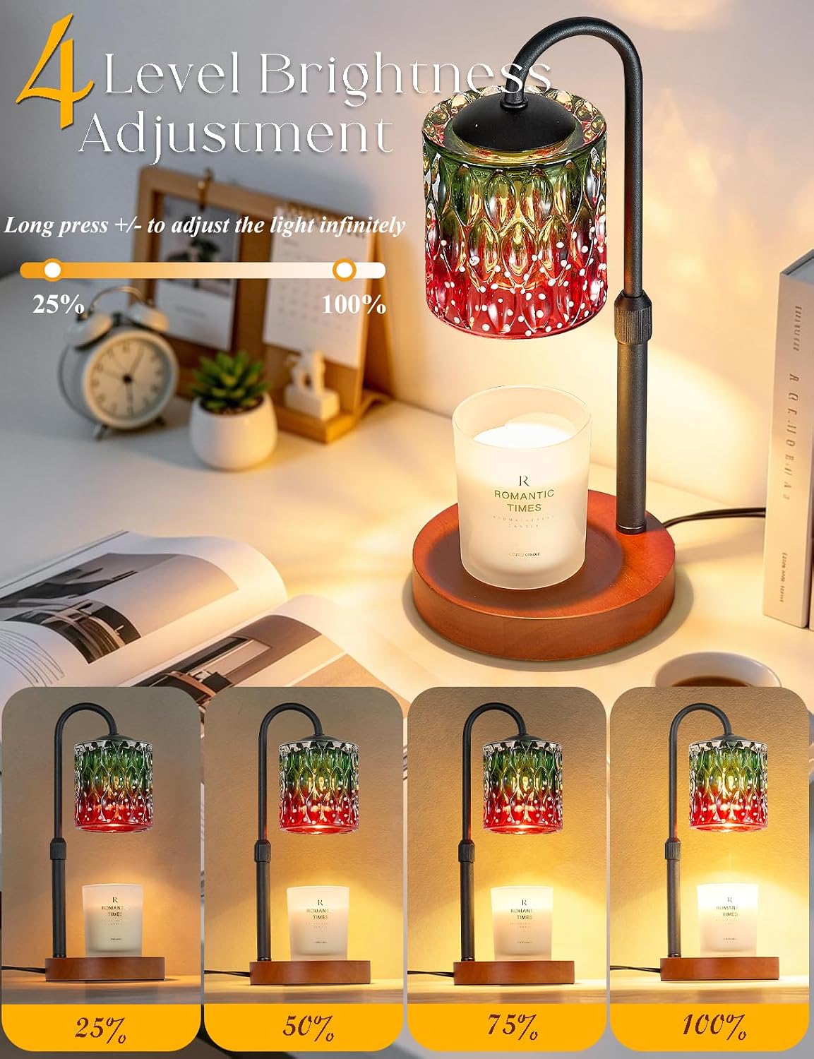 Briever Dimmable Candle Warmer Lamp with Timer, Height Adjustable Electric Candle Wax Warmer, Christmas Birthday Gifts for Women Mom, House Warming Gifts New Home Room Decor, Black Solid Wood Base