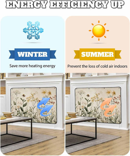 Botanical Magnetic Fireplace Cover Decorative Indoor for Brick Fireplace, Retro Plant Wildflower Green Leaf Ferns Insulation Fireplace Blocker Blanket Draft Stop Hot Heat Save Energy, 51" Wx39 H