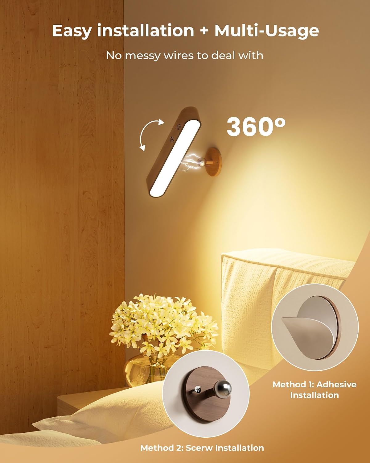 PopoIron Rechargeable LED Wall Sconces Set of Two,Wall Lights for Bedroom with Remote Control and Touch,360° Magnetic Rotation,3 Colors Dimmable Brightness Wood Wall Lamps with 15 RGB Colors,2 Pack