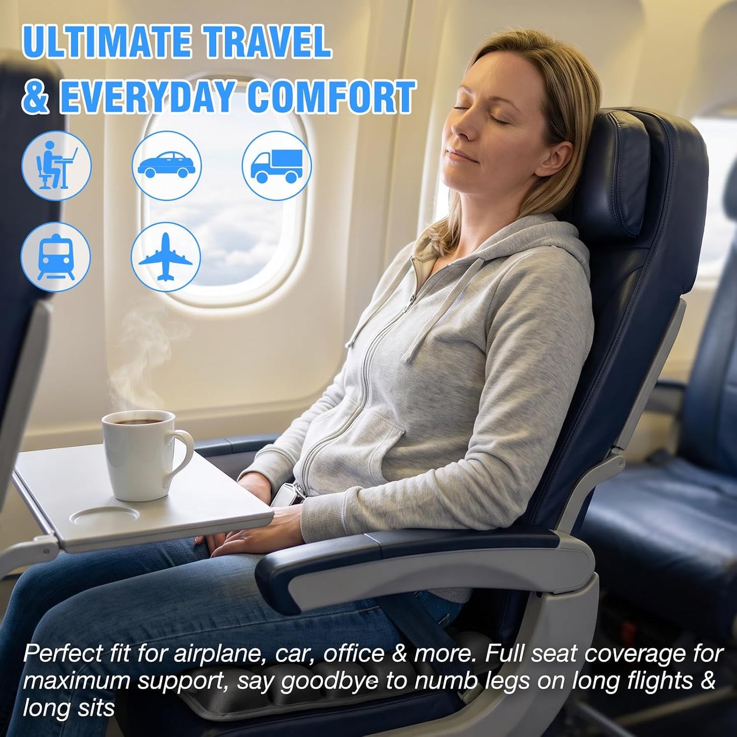 Travel Seat Cushion for Airplane, 3D Inflatable Cushion Non-Skid | Adjustable Air Cushion for Coccyx Tailbone Pain Relief, For Airplane, Car Seat, Office Chair, Wheelchair, Stadium Use