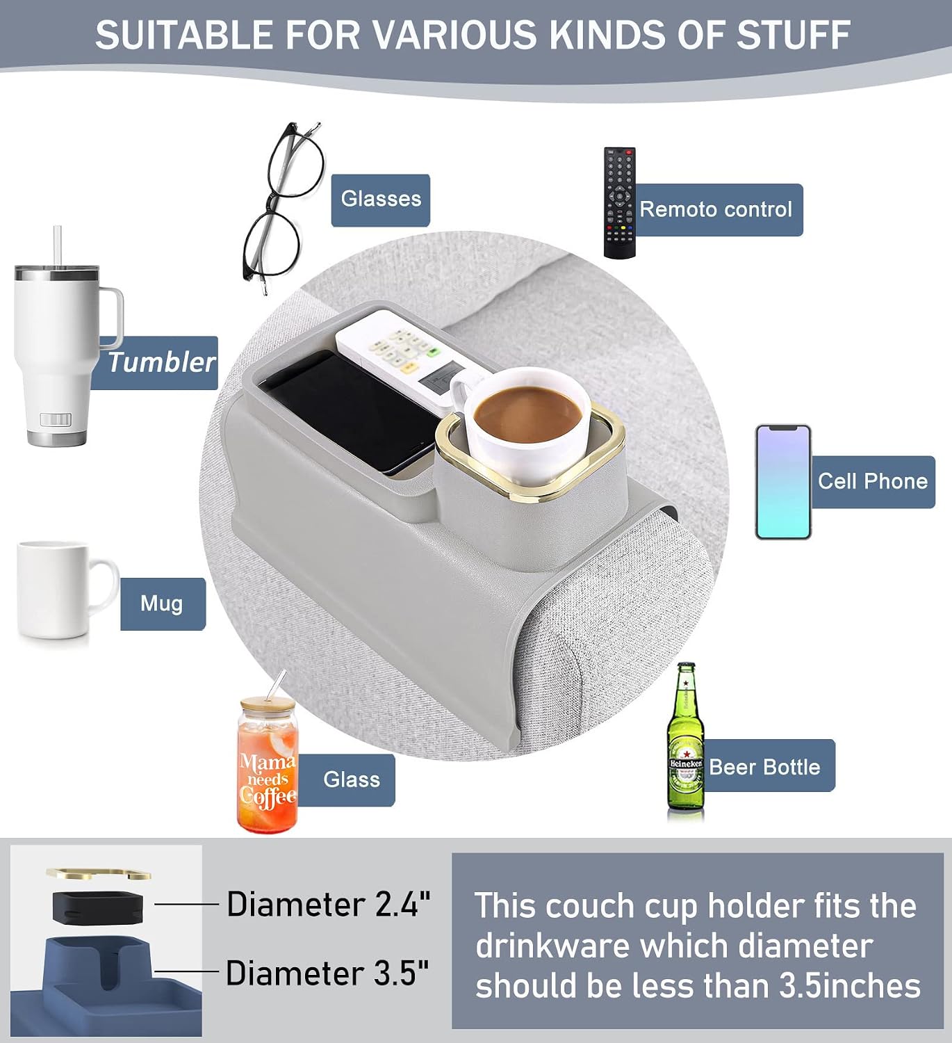 HMASYO Couch Cup Holder Tray – Weighted Silicone Sofa Armrest Organizer Table with Anti-Spill Coaster, Easy Reach for Drink, Snacks, Remote & Phone, Non-Slip Base, Easy Clean