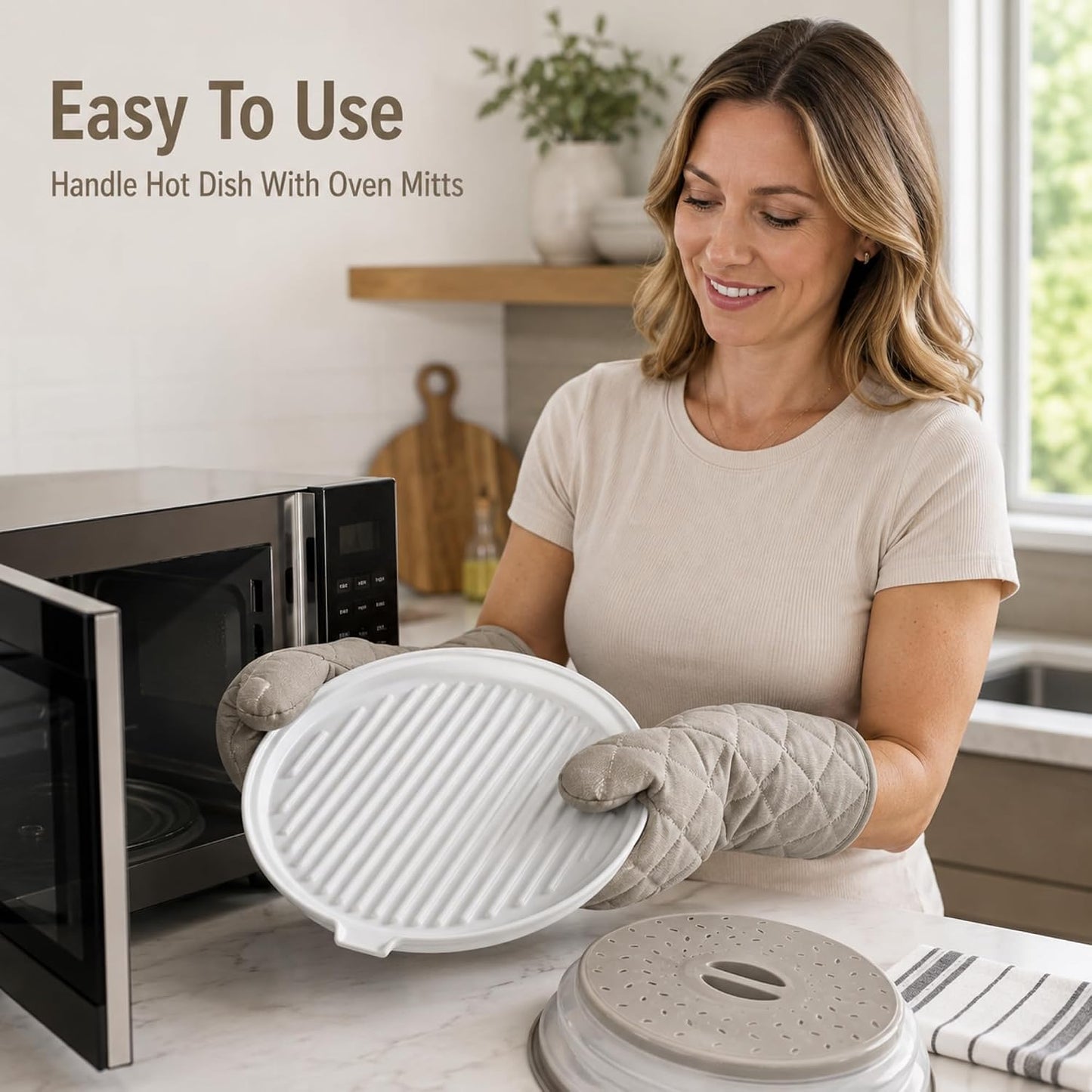 ONEMORE Microwave Bacon Cooker, Ceramic Bacon Tray with Splatter Cover | Meat Rack for Oven Cooking Crispy Bacon Maker with Collapsible Lid - 13 inch Round Bacon Dish Plate, Dishwasher Safe, White