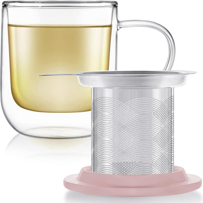 Teabloom Tea-For-One Steeping Mug – Insulated Double Wall Glass Mug (12 oz), Stainless Steel Infuser, Porcelain Lid/Coaster – Great For Brewing Loose Leaf Tea