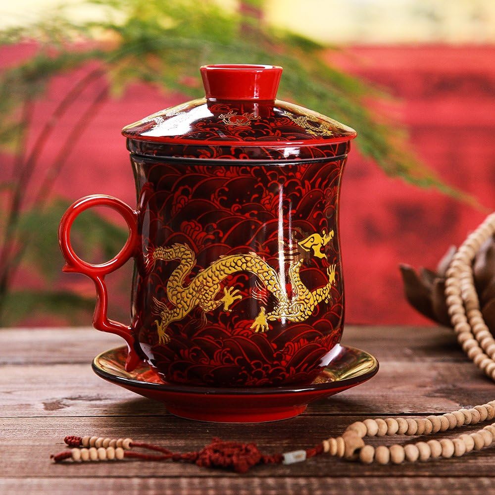 Porcelain Tea Cup with Infuser Lid and Saucer Sets - Chinese Jingdezhen Ceramics Coffee Mug Teacup Loose Leaf Tea Brewing System for Home Office