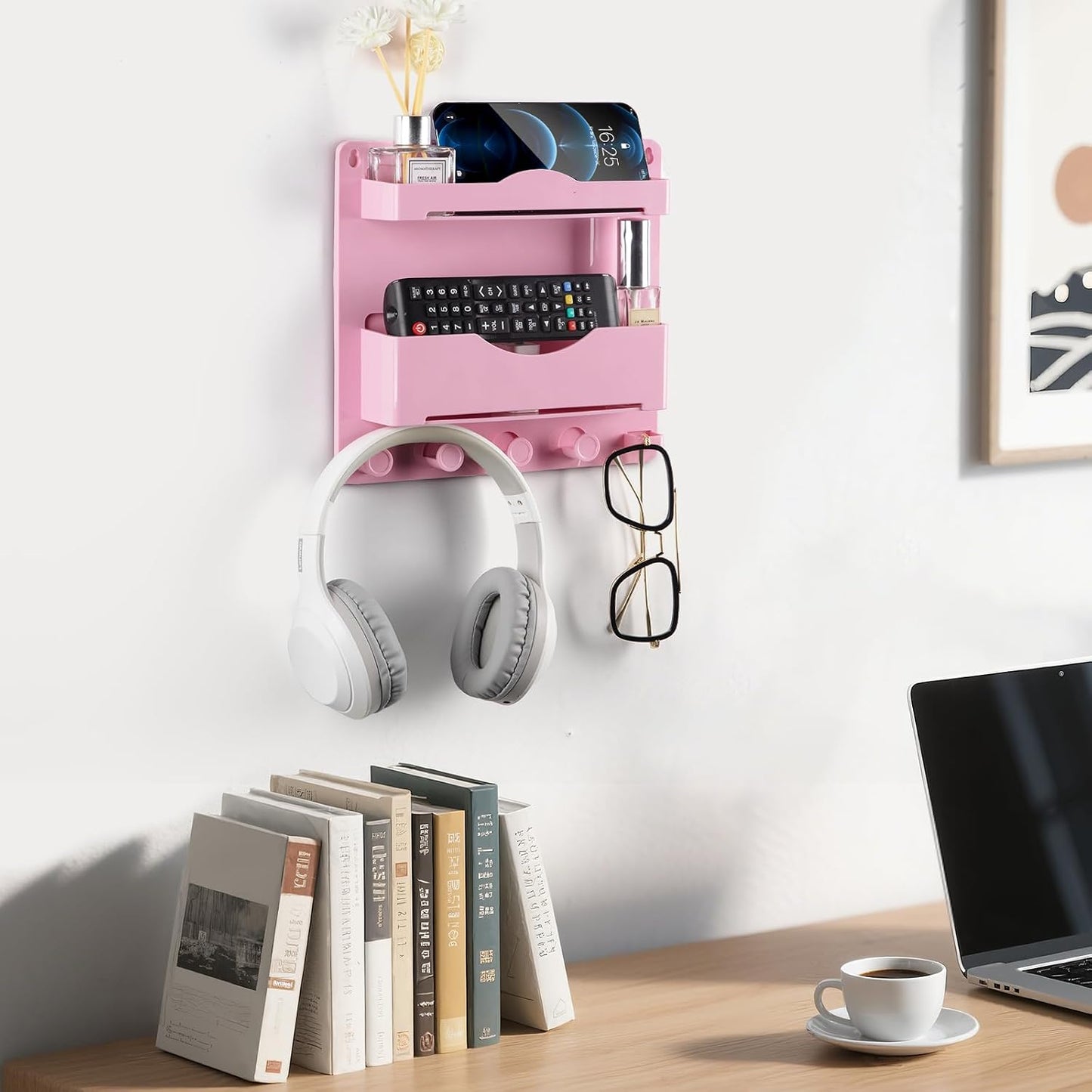 Bedside Wall Shelf with Glasses Hooks, Adhesive Bedside Organizer Wall Mount for Dorm and Room Accessories Phone，Remote，Earphone， Kindle (White)