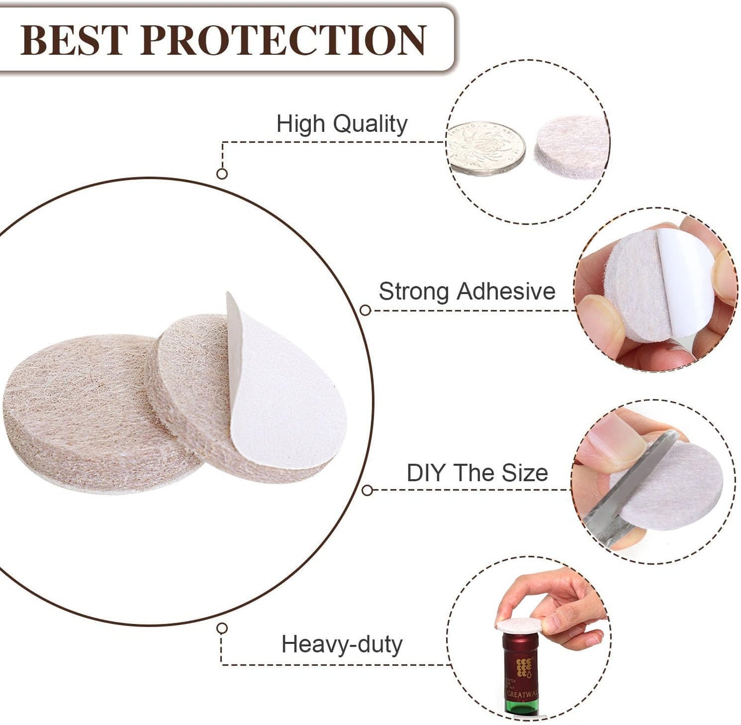 Felt Furniture Pads -56 Pcs(1+2)” Premium Felt Pads for Chair Legs Furniture, Floor Protectors for Hardwood Floors,Brown