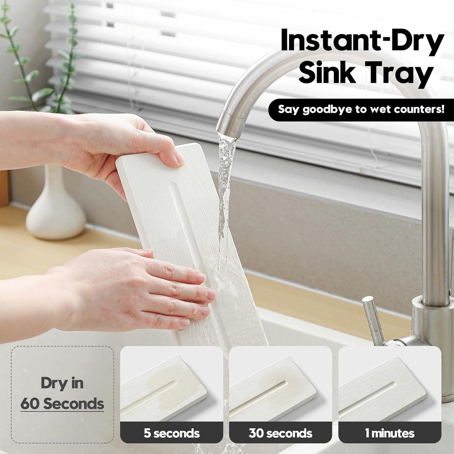 3 Pack Water Absorbent Diatomite Coasters, Stone Drying Mat for Kitchen Counter, Bathroom Sink Organizer Tray, Compact Vanity Rack, Soap Holder Caddy, Faucet Splash Guard, White 8"x3.8"