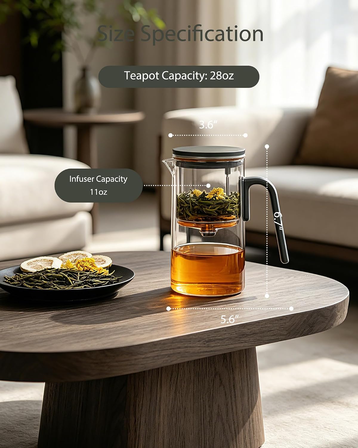 ZENS Magnetic Glass Infuser Teapot for Loose Tea, 27oz Walnut Wood Handle | Magic Teapot with Infuser, Echanted Tea Maker, Mess-Free Loose Leaf Tea Diffusers for Tea lover Gifts