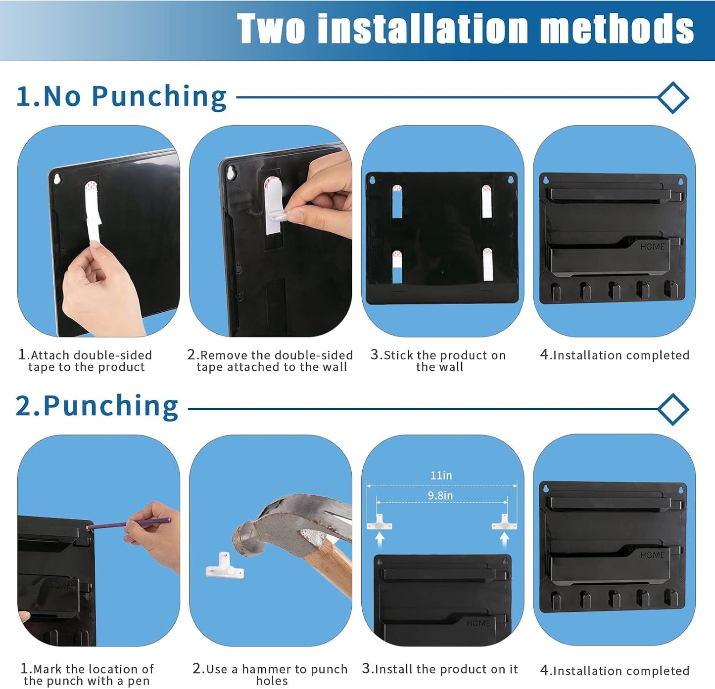 YONGAIJIA Bedside Shelf Wall Mount with Hooks, Cable Clips, No-Drill, Black | RV Shelf ,Camper, Dorm Room Essentials, Bunk Bed, Damage-Free Adhesive, Floating Organizer, Holds Phone Remote Glasses