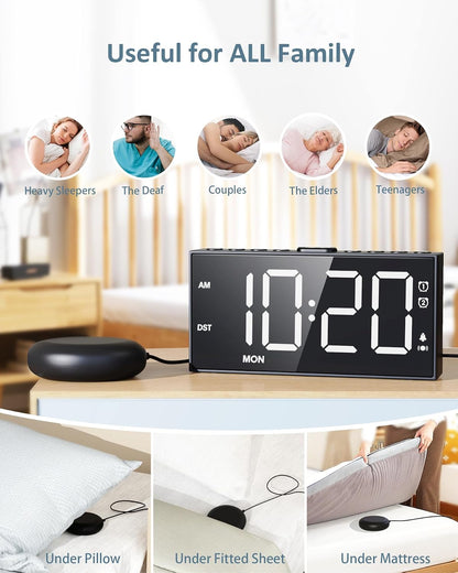 Roxicosly Vibrating Alarm Clock with Bed Shaker for Heavy Sleepers, 3-Level Vibration, Dual Alarms with Weekday & Weekend Mode, Large Digits, Dimmer, Snooze, USB Charger, Battery Backup