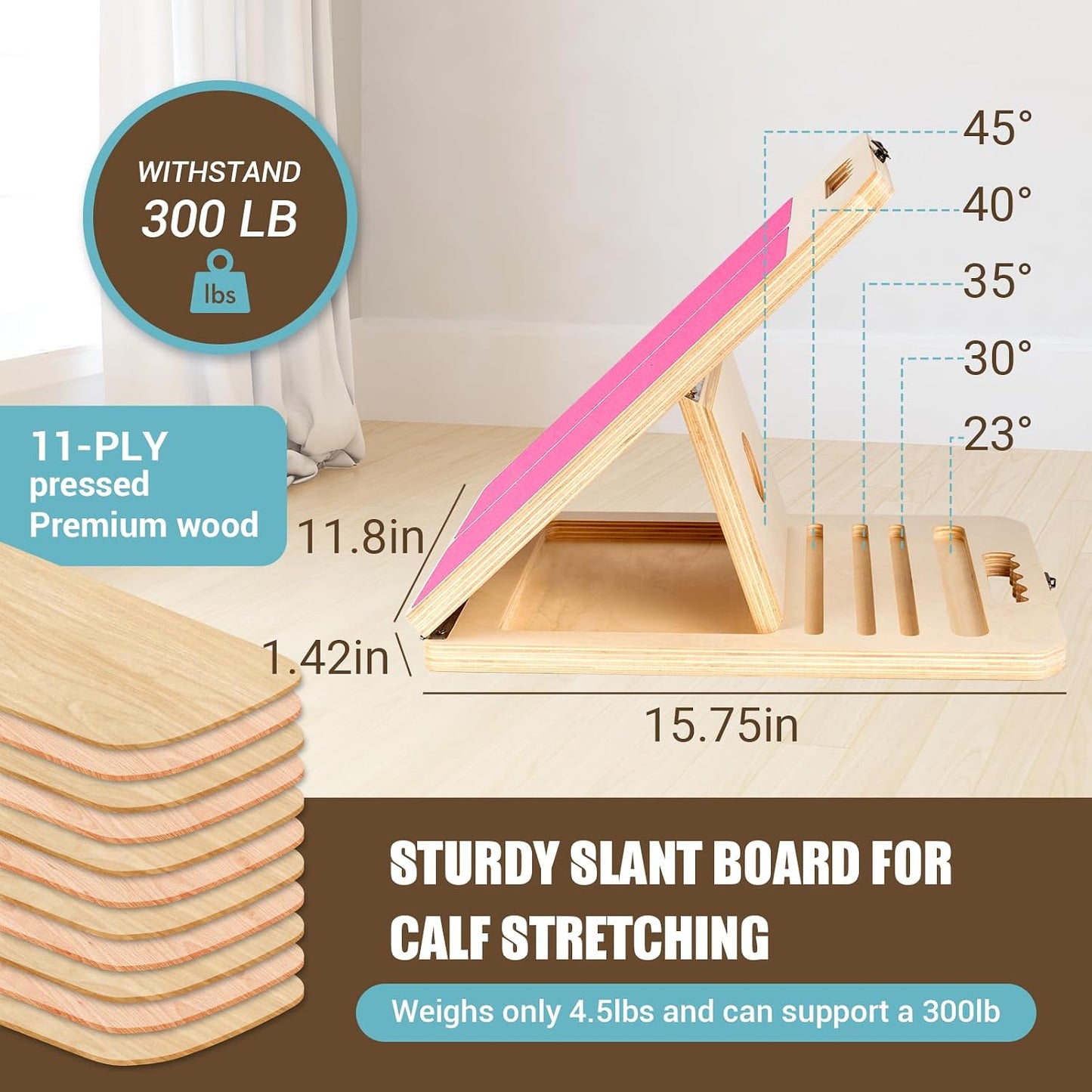 Slant Board Calf Stretch with Stretch Strap, 300 lb Portable Incline Board | Training Poster, Non-Slip Adjustable Wooden Calf Mobility Board for Calf Ankle Knees Achilles Physical Therapy Leg Exerciser
