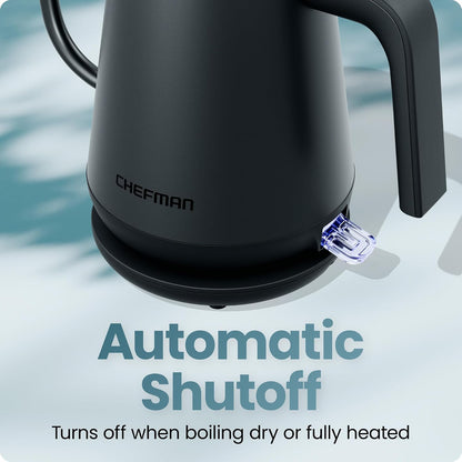 Chefman Gooseneck Electric Kettle, 0.8L Pour Over Tea Kettle for Coffee and Tea, One-Touch Operation, Boil-Dry Protection, Auto Shut-Off, Ultra-Fast Hot Water Boiler – Black