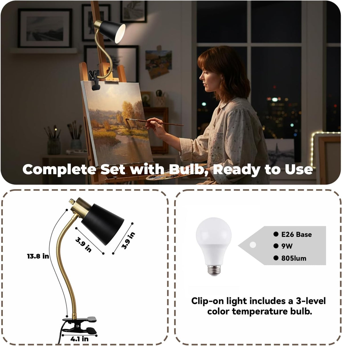 LALISU Desk lamp Eye-Caring Table Lamps, 360°Rotation Gooseneck Clip Lamp
