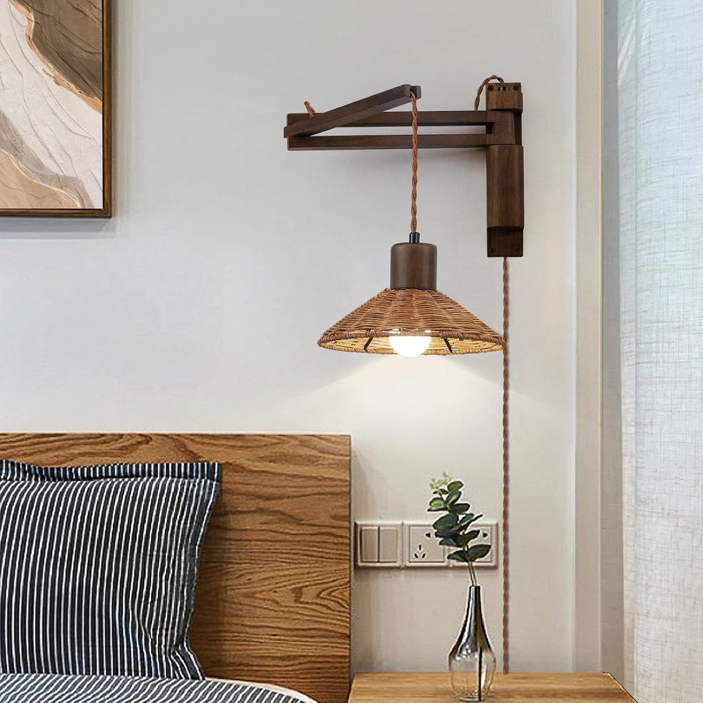 maesta Plug in Wall Lamp, Wood Swing Arm Wall Sconce for Bedroom | Swing Arm Wall Lamp, Natural Wood Finish with Corded Plug In Design, Dimmable Switch and Bulb Included for Bedroom Bedside