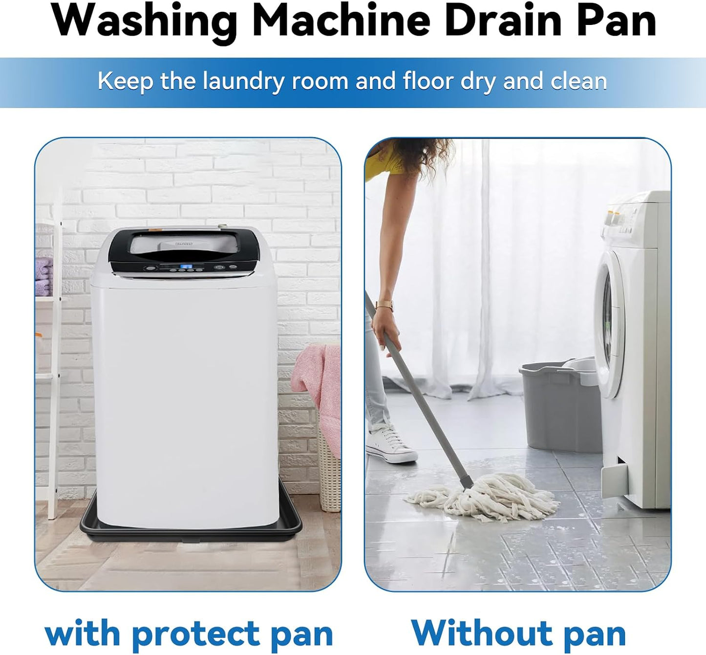 30x32inch Washing Machine Drain Pan, with Raised Edge, Black | Heavy Durable Plastic, with 1" Drain Fittings, Laundry Floor Protector, Waterproof Washing Machine Tray, Leak-Proof