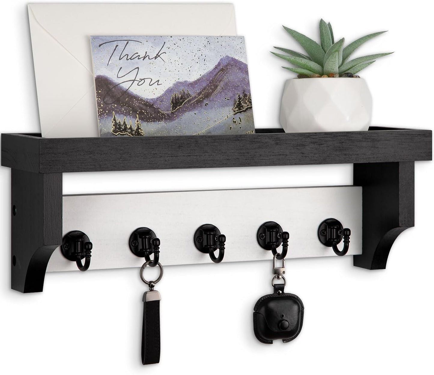 Key and Mail Holder Wall Mount, Mail Organizer with 5 Key Hooks | Key Holder with Shelf, Key Holder for Coat, Dog Leash, Home Decor Rack, Entry Way Organizer