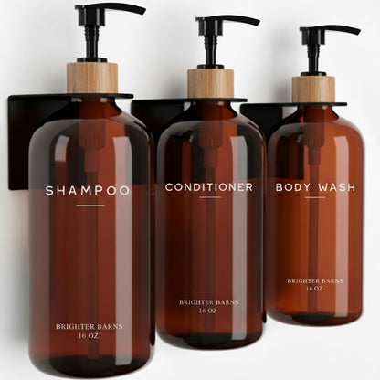 White Shampoo and Conditioner Dispenser Set Wall Mounted by Brighter Barns - Shower Dispenser 3 Chamber No Drill - Refillable Shampoo and Conditioner Bottles for Shower Wall in Airbnb, Hotel (White)