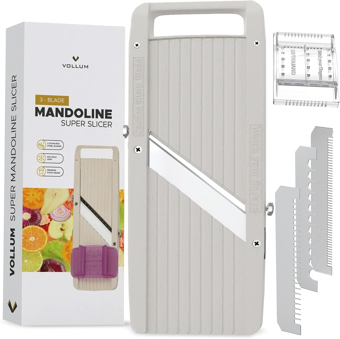 Vollum Mandoline Slicer Vegetable Cutter Stainless Steel Blades | Narrow handheld manual food slicer with interchangeable blades for precise, professional-style kitchen prep.