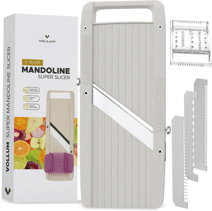 Vollum Mandoline Slicer Vegetable Cutter Stainless Steel Blades | Narrow handheld manual food slicer with interchangeable blades for precise, professional-style kitchen prep.