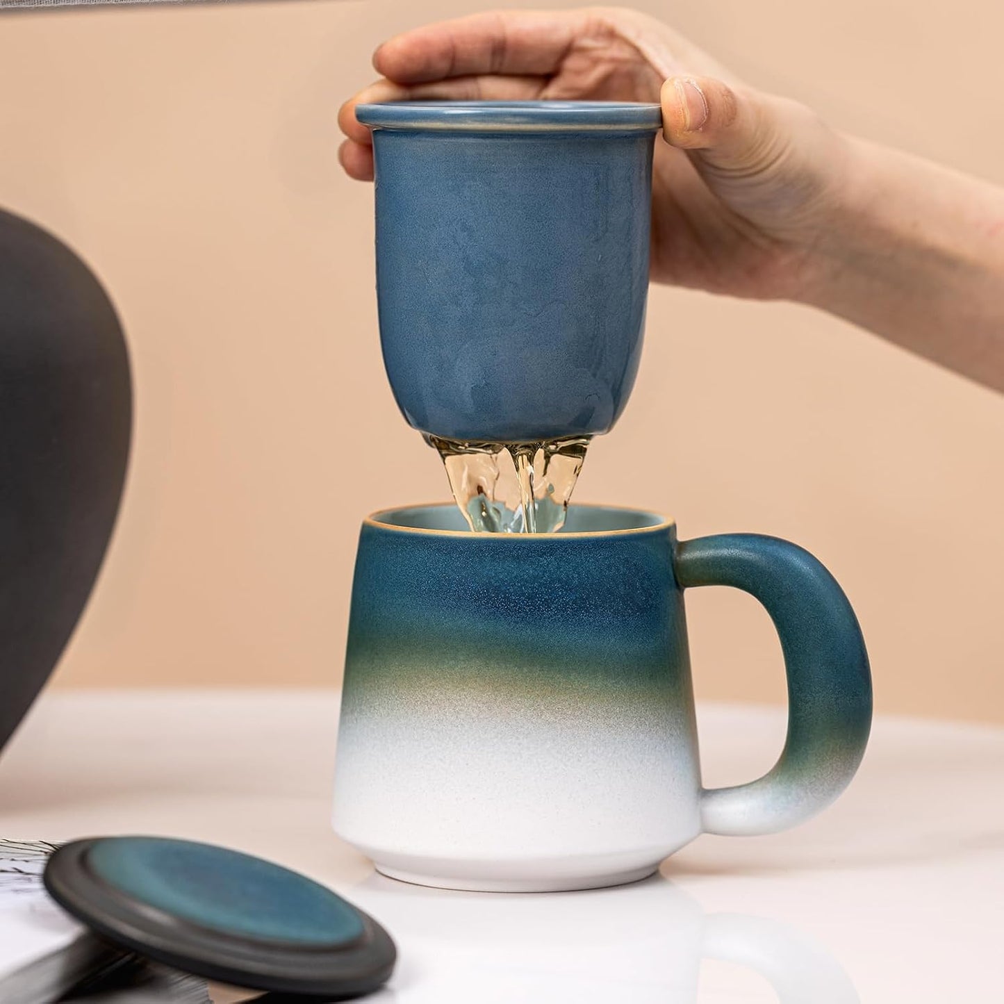 Ceramic Tea Mug with Infuser & Lid, 15oz Kiln-Transformed Unique Cup – Nature's Artisan Design, Loose Leaf Tea Cup with Infuser, Insulated Ceramic Coffee Mugs with Lid, Gift for Women/Men