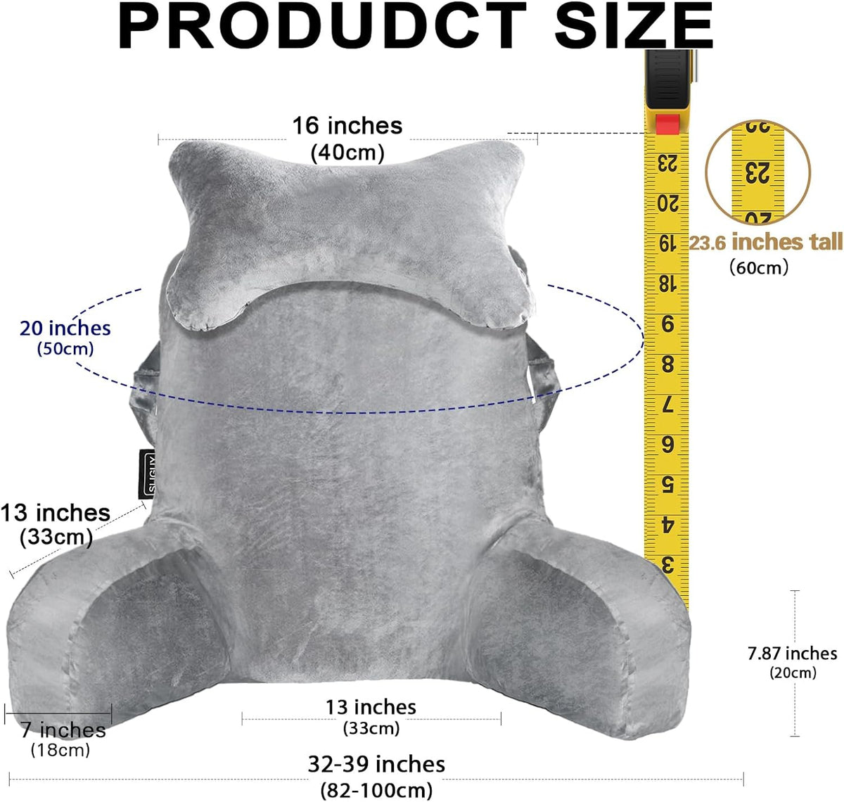 SLIGUY Reading Pillow for Sitting in Bed Couch Adult, Back Pillow with arm Support and Pockets, Adult Back Pillow Bed Chair for Bed Rest, Reading, Watching TV, Gaming for Boys and Girls Dark Grey