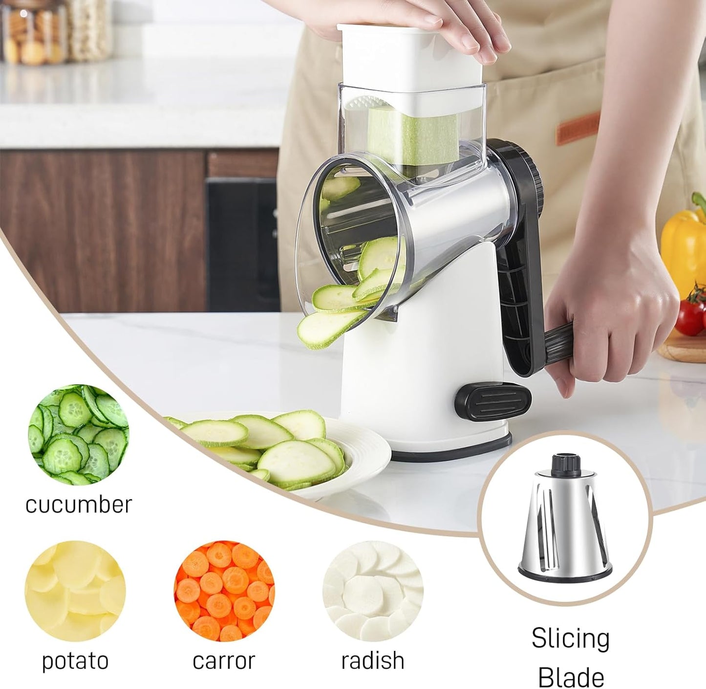Weltonhm 4 in 1 Large Rotary Cheese Grater Hand Crank (black, 3 Graters) | Cheese Shredder Rotary and Slicer with 4 Stainless Steel Blades for Vegetables, Veggie and Cheese, Stronger Suction Base