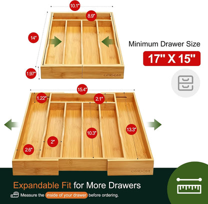 Expandable Bamboo Kitchen Drawer Organizer for Cutlery and Utensils, Adjustable Bamboo Wood Cutlery Tray in Drawer for Flatware and Silverware in Kitchen, (Natural)