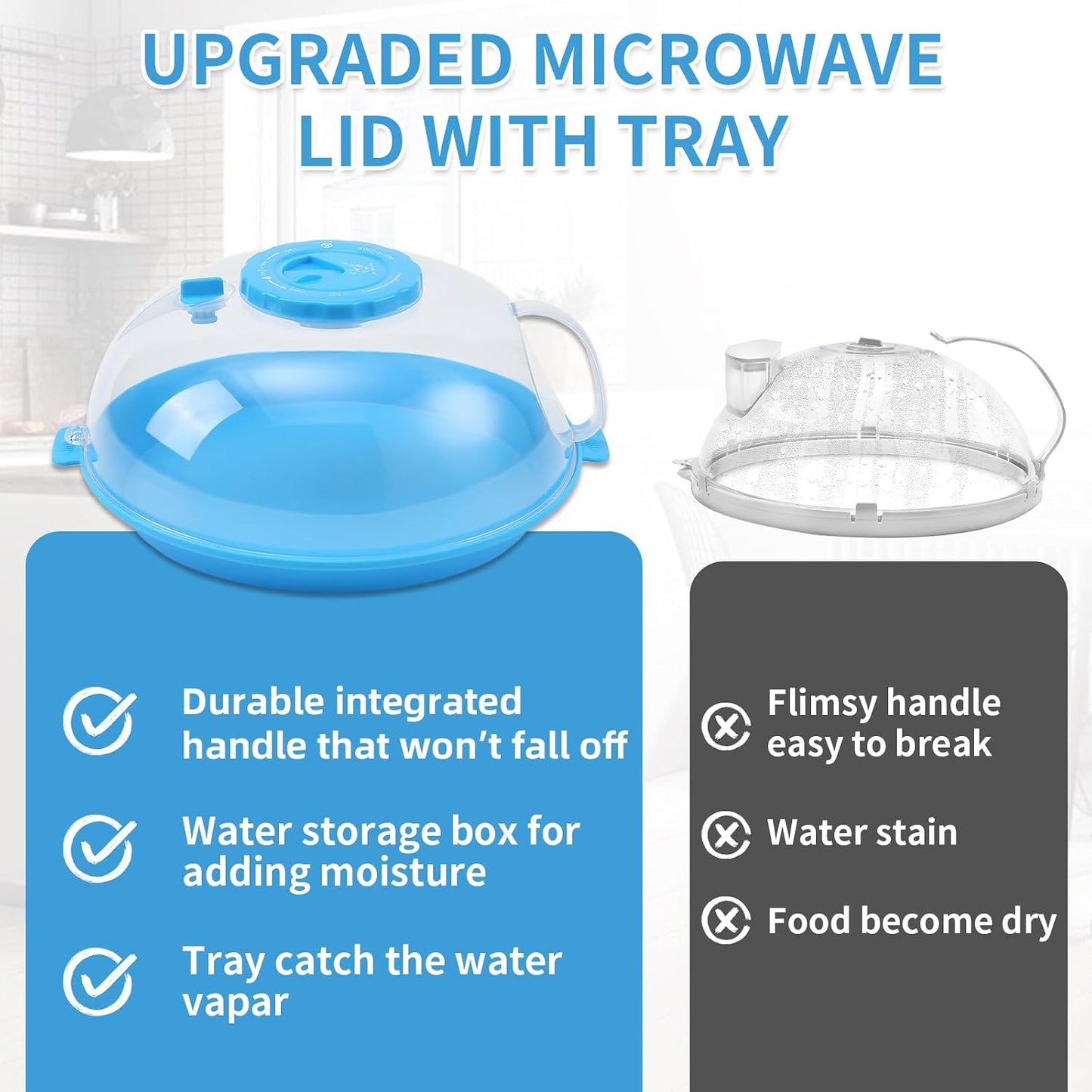 Microwave Splatter Cover Lid for Food 10.2 Inch with Water Steamer, Clear Microwave Splash Guard Cooker Lid with Plate, Dish Bowl Plate Serving Cover Cookware High Transparent Plastic Black