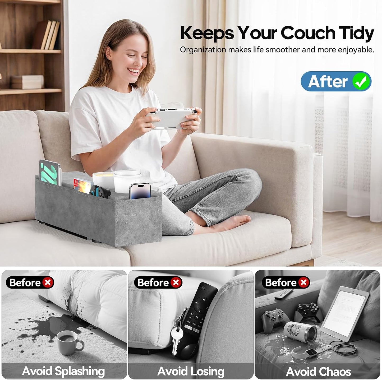 Removable Sofa Armrest Couch Caddy with Cup Holder Insert Between Cushions | Sofa Accessories Storage, Couch Armrest Pillow Table with Drink Holder
