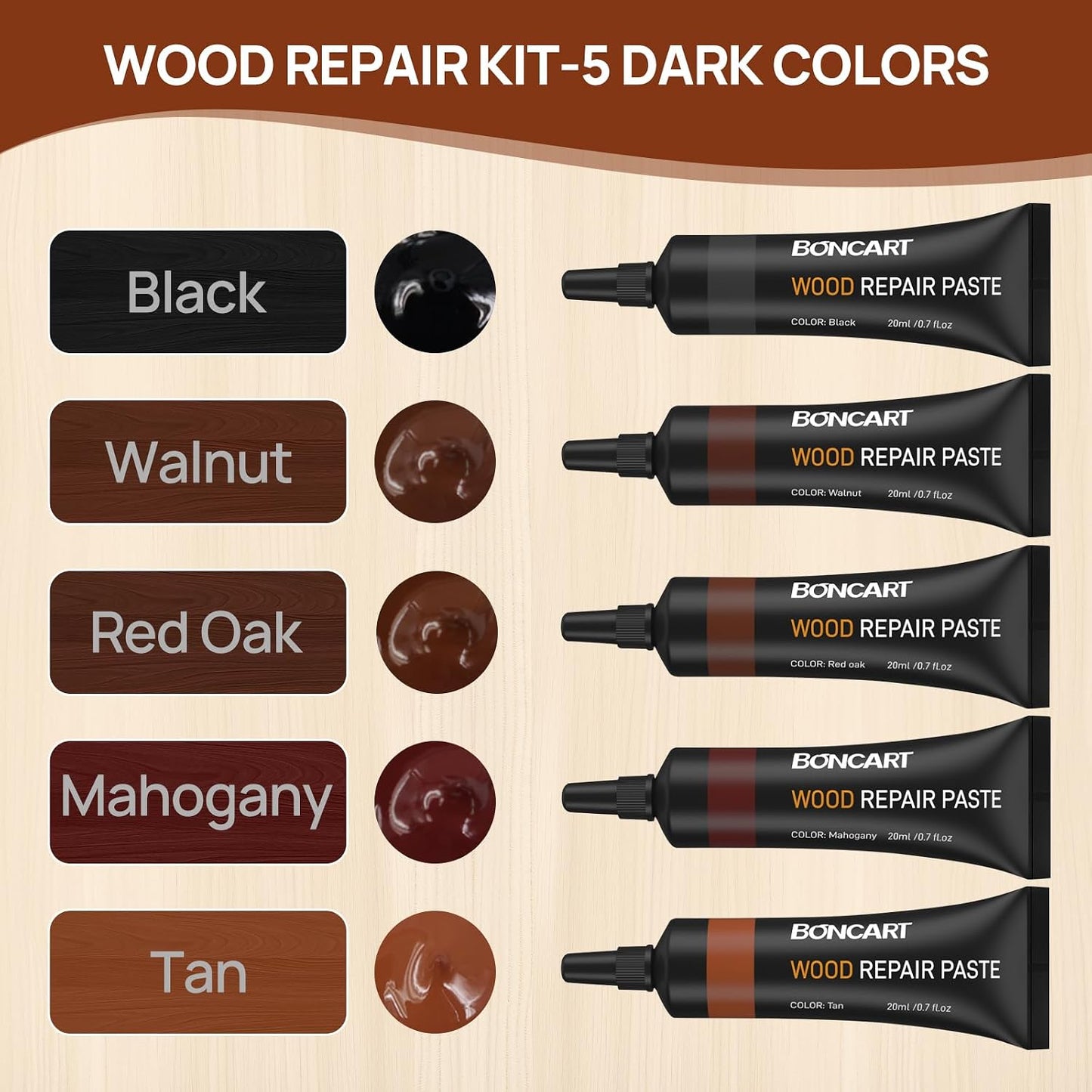 Boncart Wood Furniture Repair Kit, Wood Touch up Fillers | Repair Scratches, Cracks, Paint Chips, and Nail Holes on Furniture, Floors, Doors, Cabinets, and Tables (10 Colors)