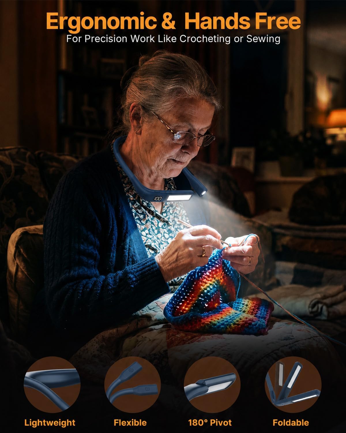 Reading Light Book Lovers Gifts: Upgraded Neck Light with Power Display & Timer, 80Hrs Rechargeable Book Lights for Reading at Night,Birthday Gifts for Readers Women, Knitting Crochet Accessories