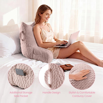 Standard Reading Pillow for Bed Sitting Up, Backrest Pillow with Shredded Memory Foam Filling, Back Support Cushion, Bed Rest Pillow with Arms, Pockets and Washable Cover-Grey